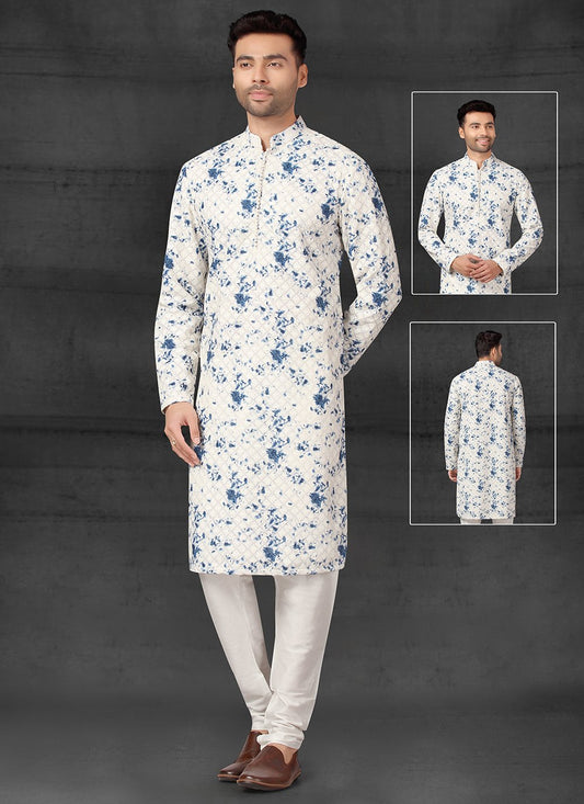 Kurta Pyjama Cotton Silk Off White Print Mens