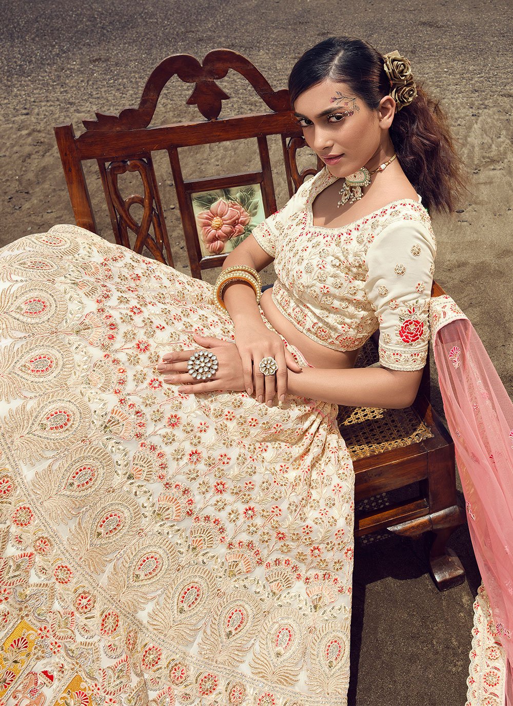 A Line Lehenga Georgette Off White Dori Work Lehenga Choli