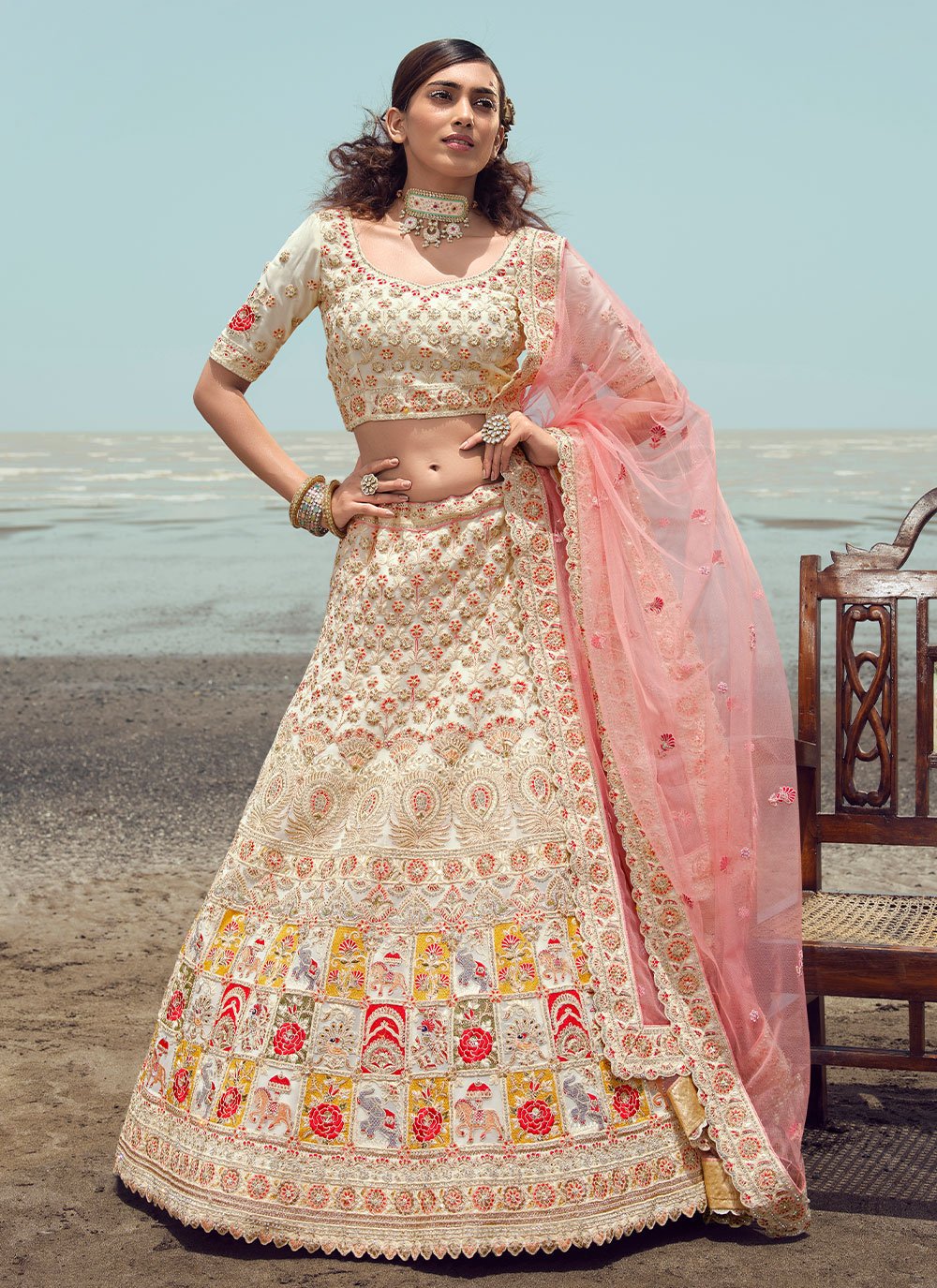 A Line Lehenga Georgette Off White Dori Work Lehenga Choli