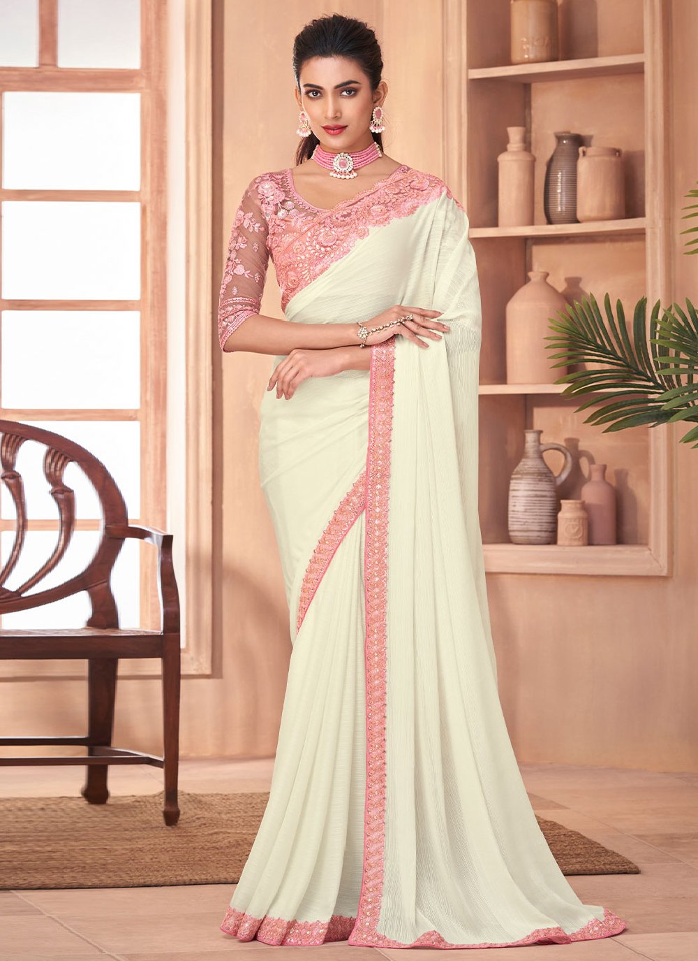 Contemporary Shimmer Silk Off White Embroidered Saree