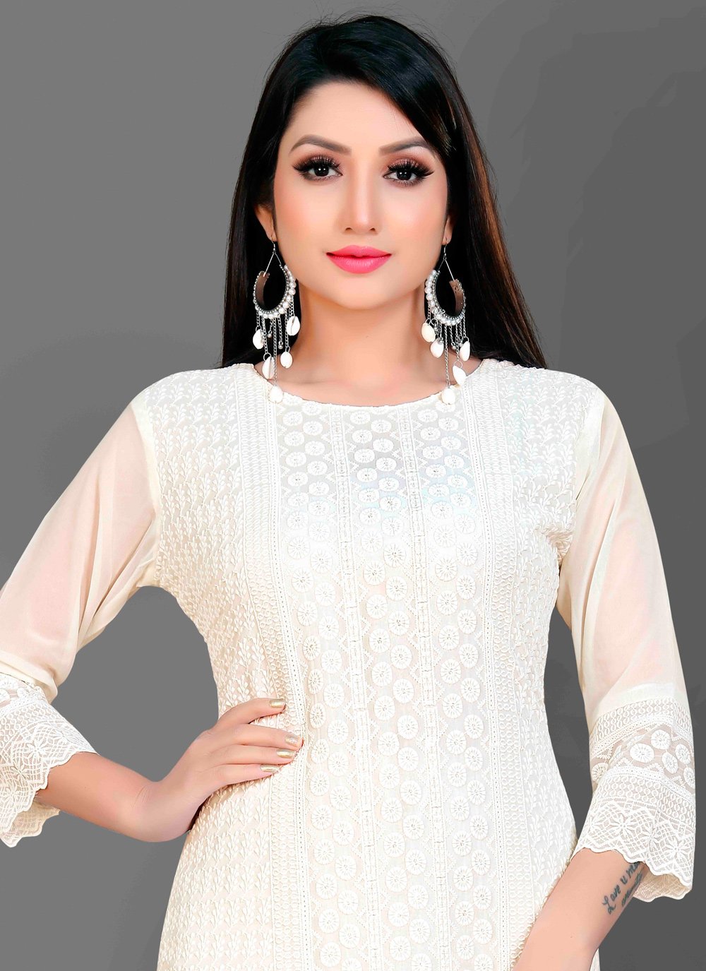 Designer Kurti Chiffon Georgette Off White Embroidered Kurtis