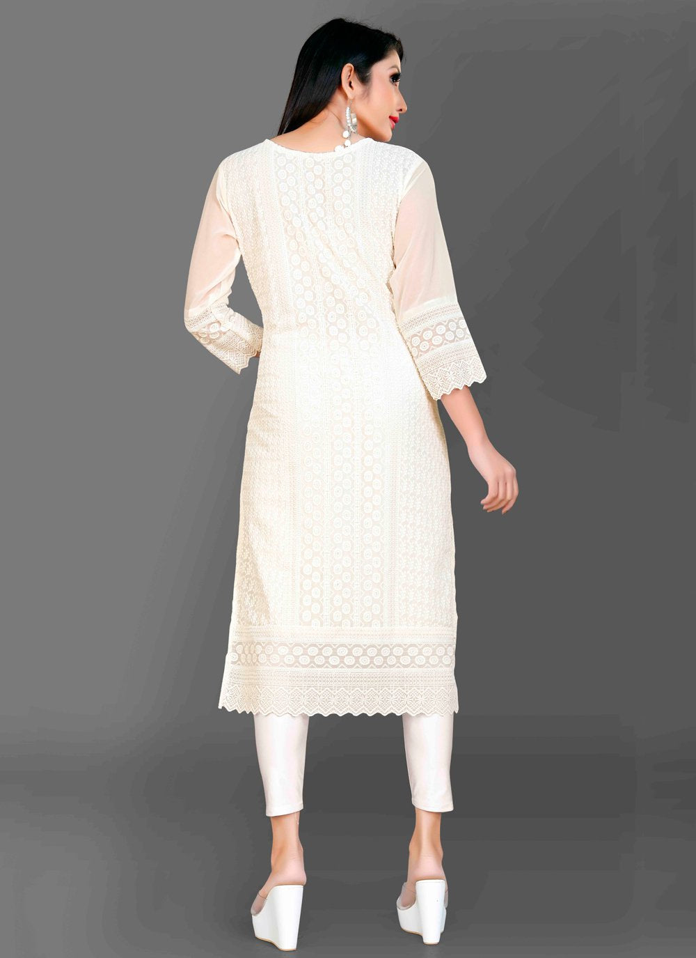 Designer Kurti Chiffon Georgette Off White Embroidered Kurtis