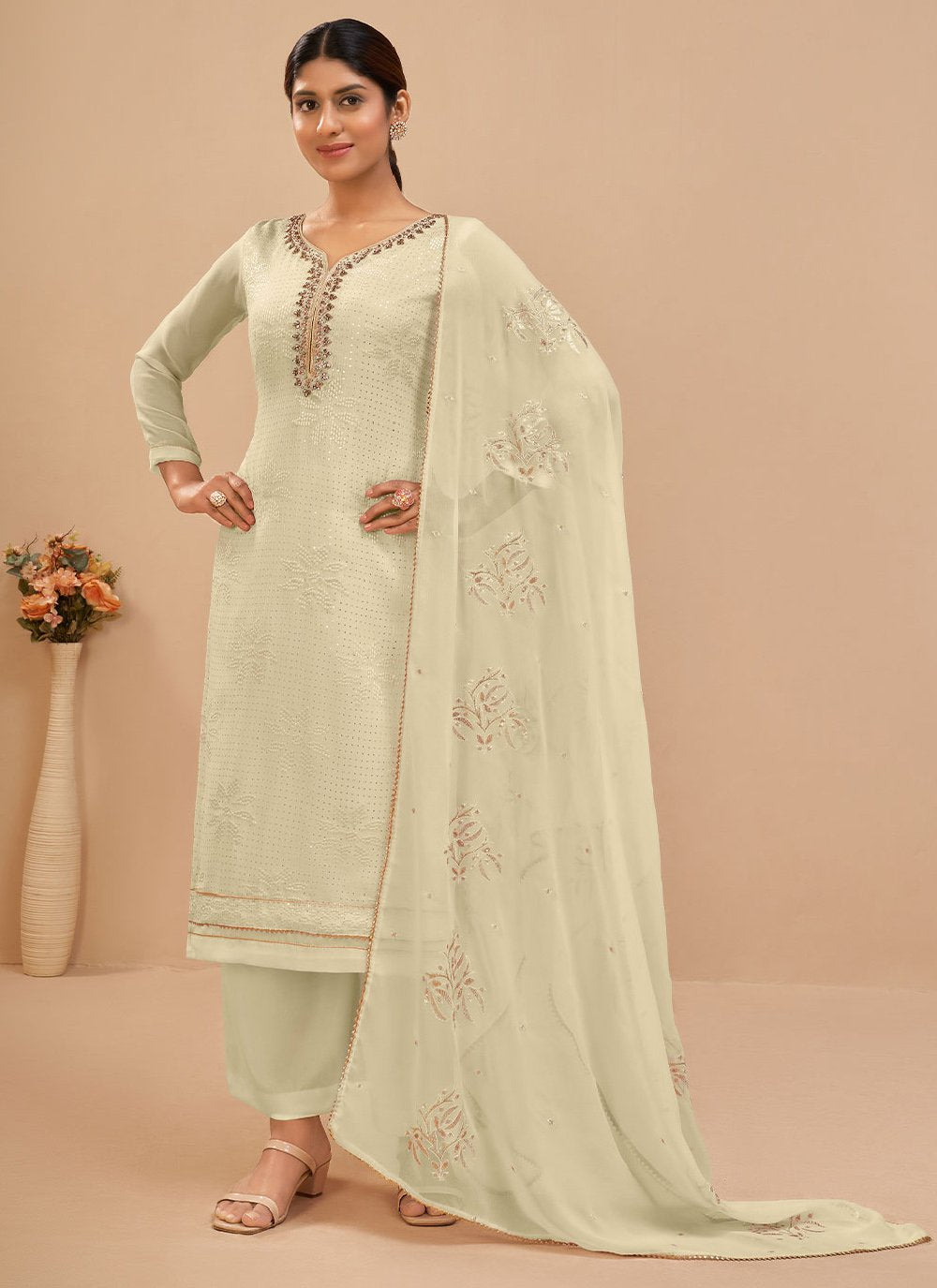 Straight Salwar Suit Georgette Off White Embroidered Salwar Kameez