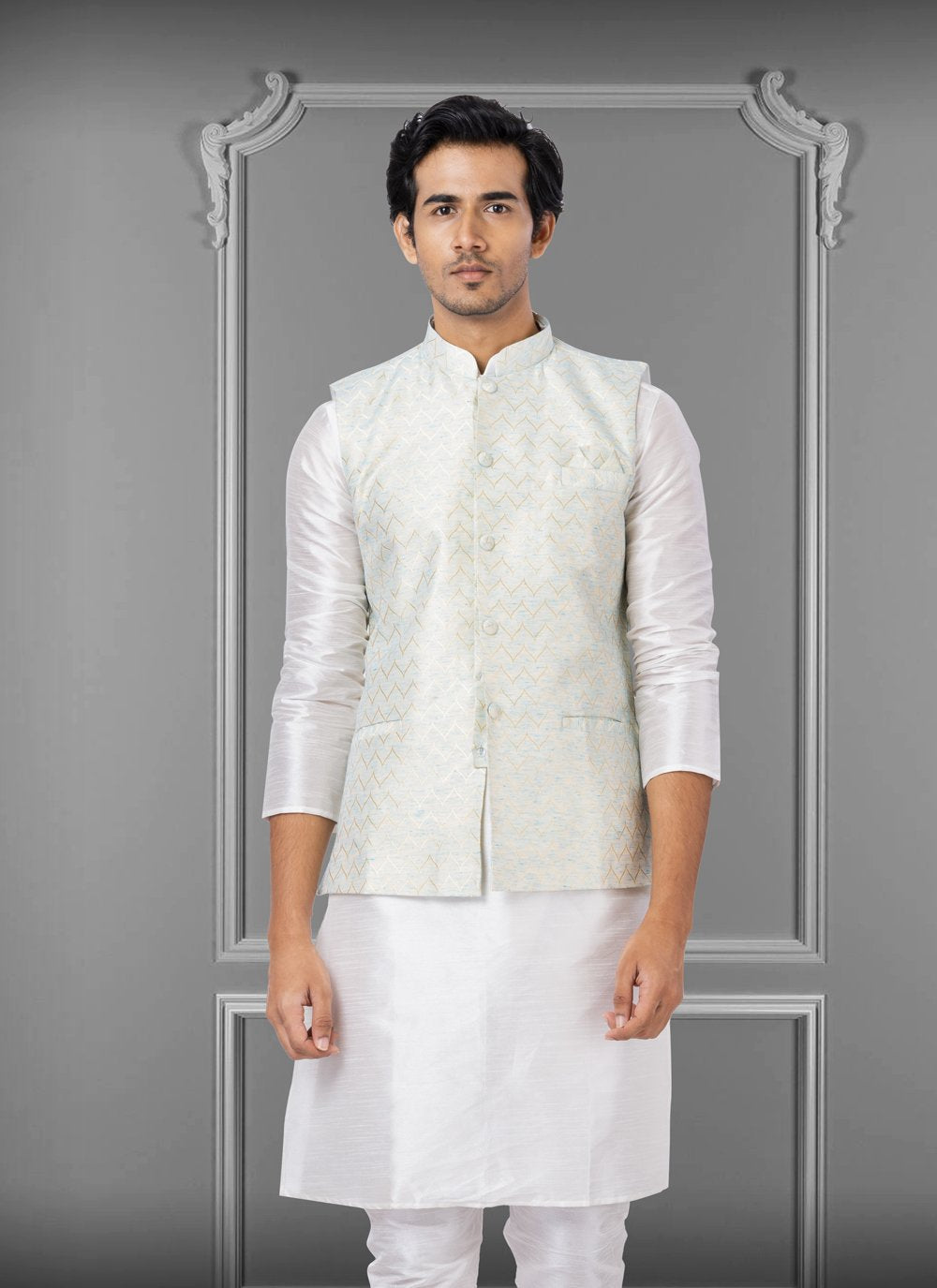 Nehru Jackets Linen Silk Off White Embroidered Mens