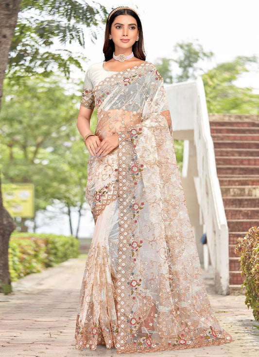 Classic Net Off White Embroidered Saree