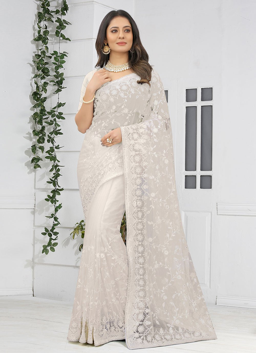 Contemporary Net Off White Embroidered Saree