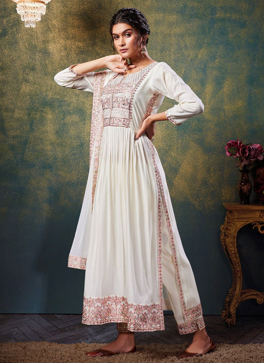 Pant Style Suit Silk Off White Embroidered Salwar Kameez