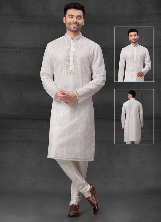 Kurta Pyjama Organza Silk Off White Embroidered Mens