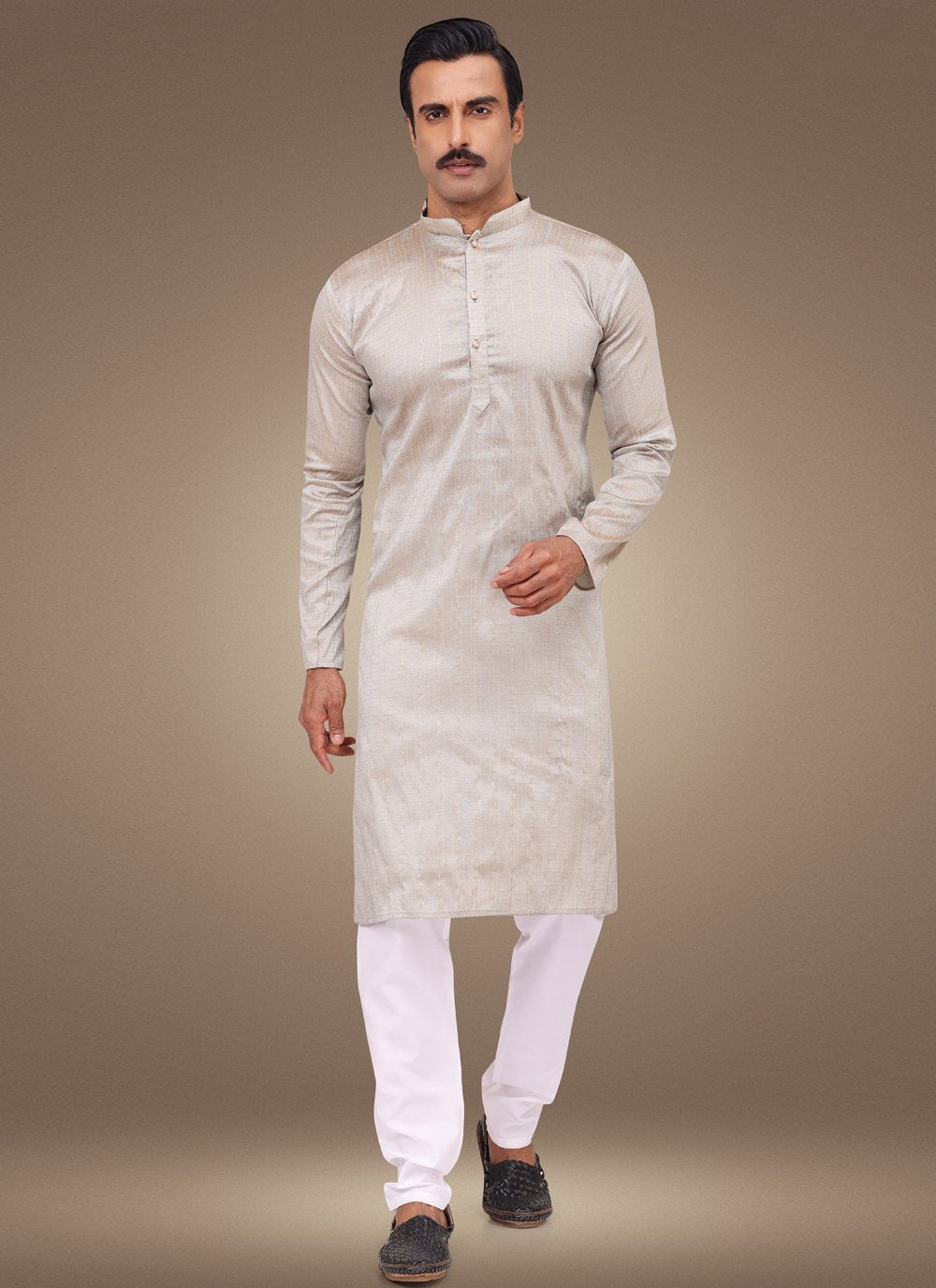 Kurta Pyjama Silk Off White Fancy Work Mens