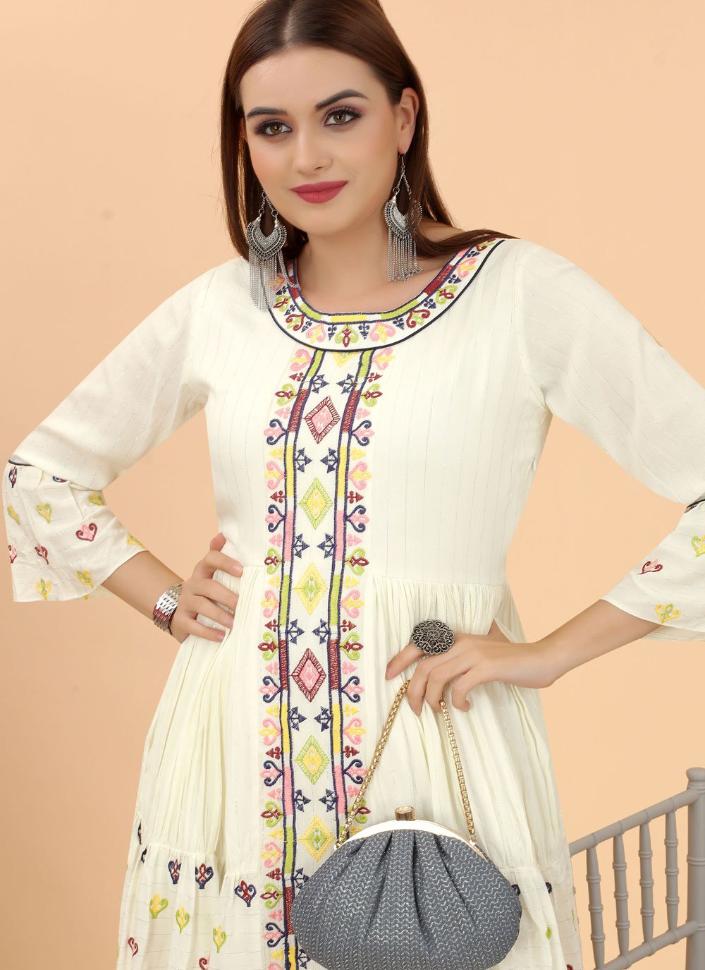 Casual Kurti Rayon Viscose Off White Embroidered Kurtis