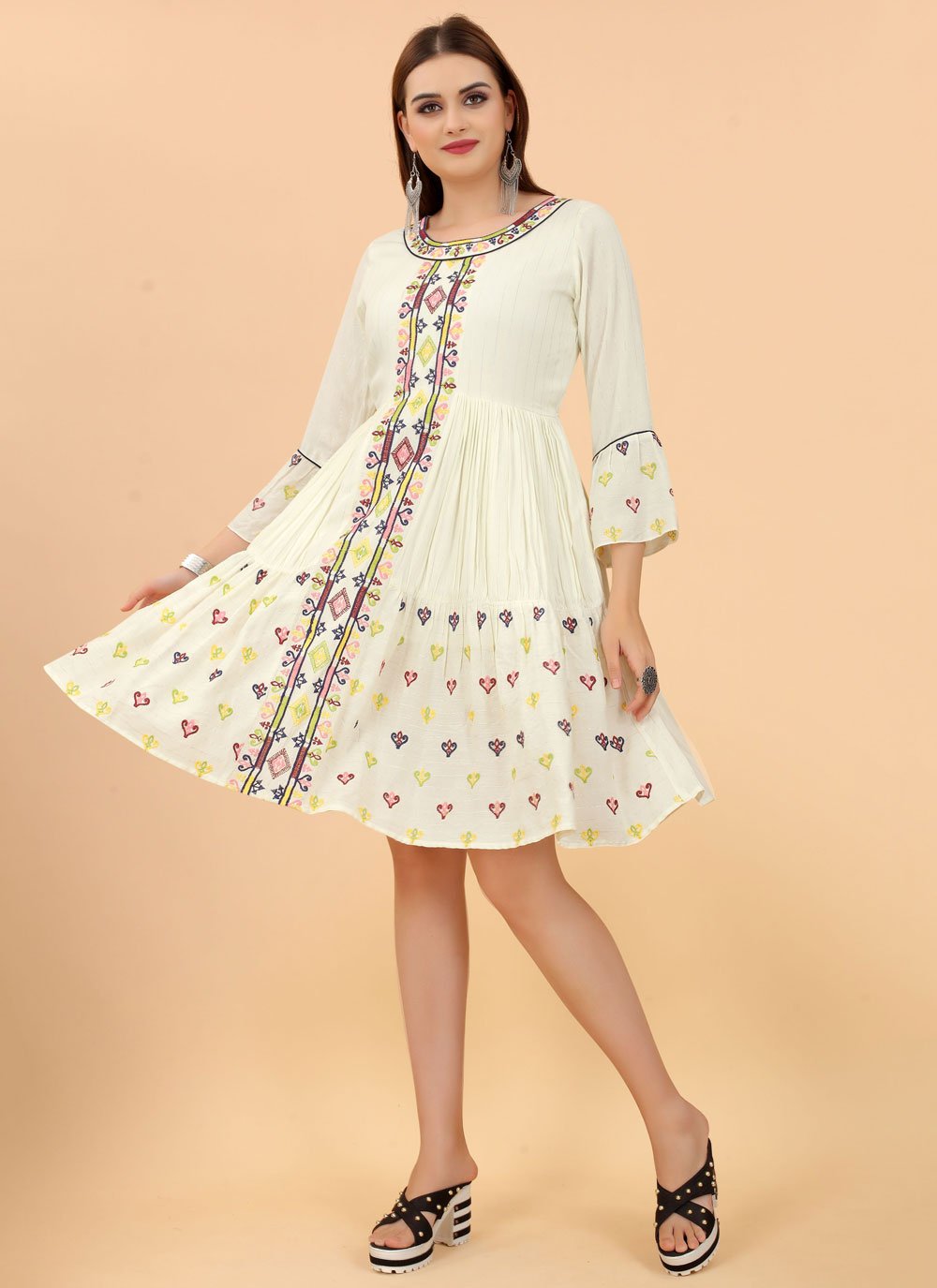 Casual Kurti Rayon Viscose Off White Embroidered Kurtis