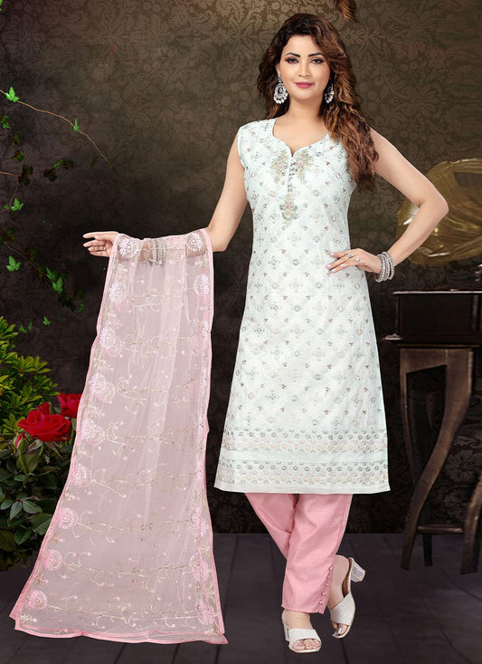 Salwar Suit Art Silk Off White Embroidered Salwar Kameez