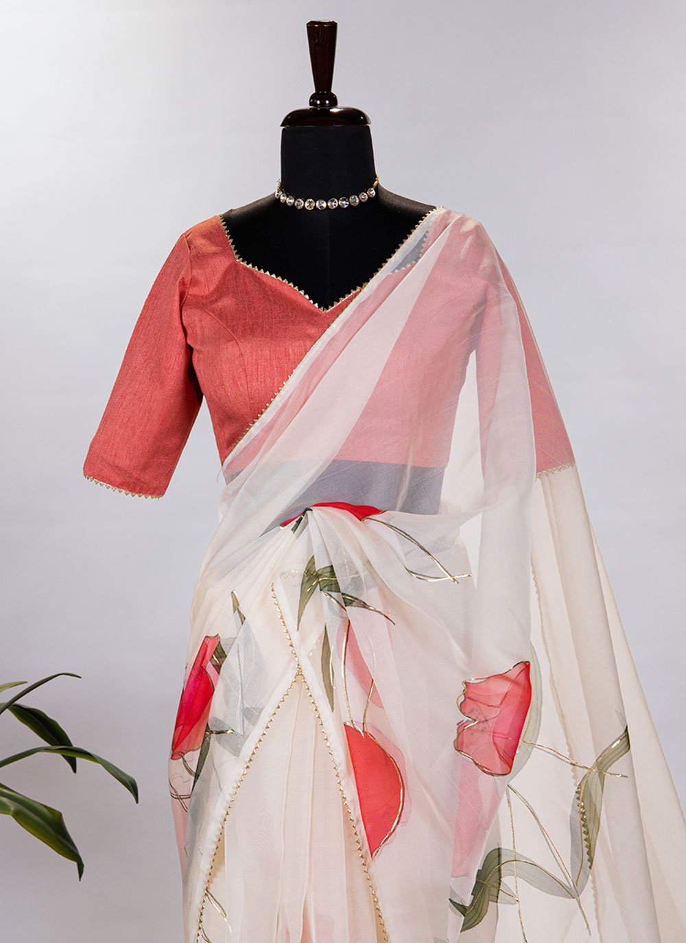 Trendy Saree Organza Off White Floral Patch Saree