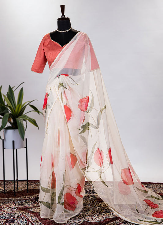 Trendy Saree Organza Off White Floral Patch Saree