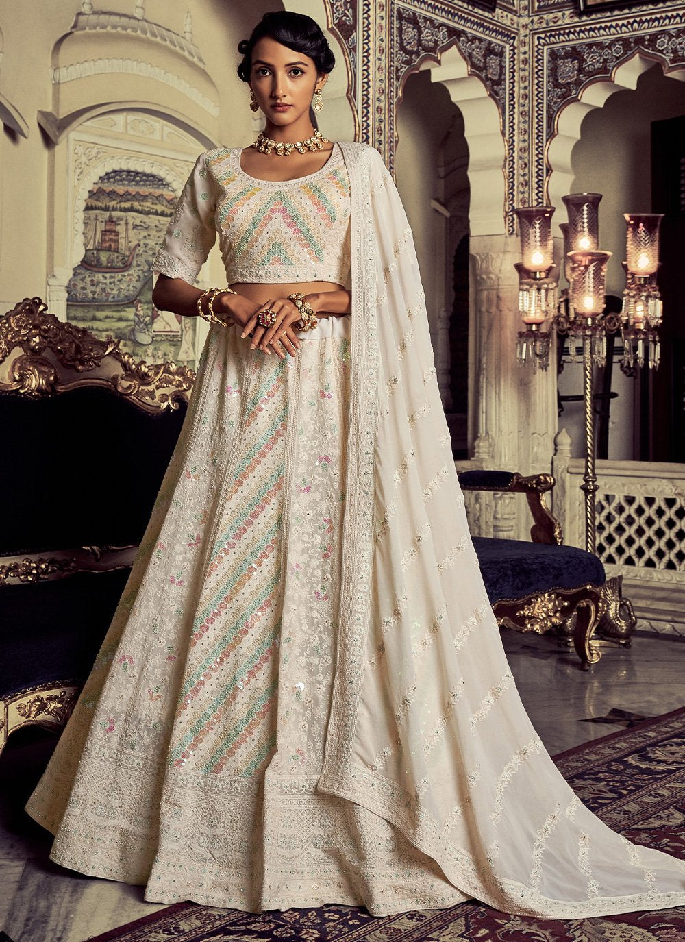 Lehenga Choli Georgette Off White Beads Lehenga Choli