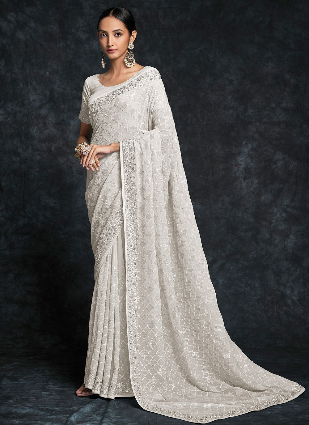 Classic Georgette Off White Embroidered Saree