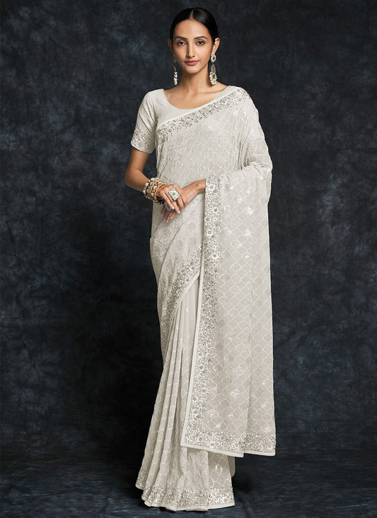 Classic Georgette Off White Embroidered Saree