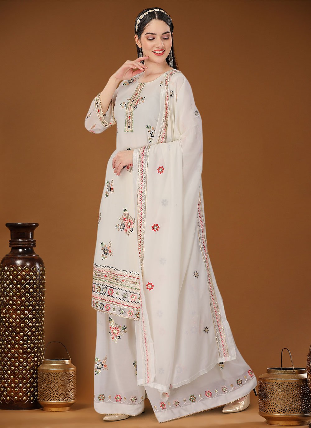 Straight Salwar Suit Georgette Off White Embroidered Salwar Kameez