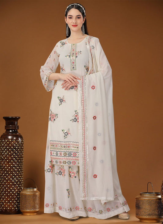 Straight Salwar Suit Georgette Off White Embroidered Salwar Kameez