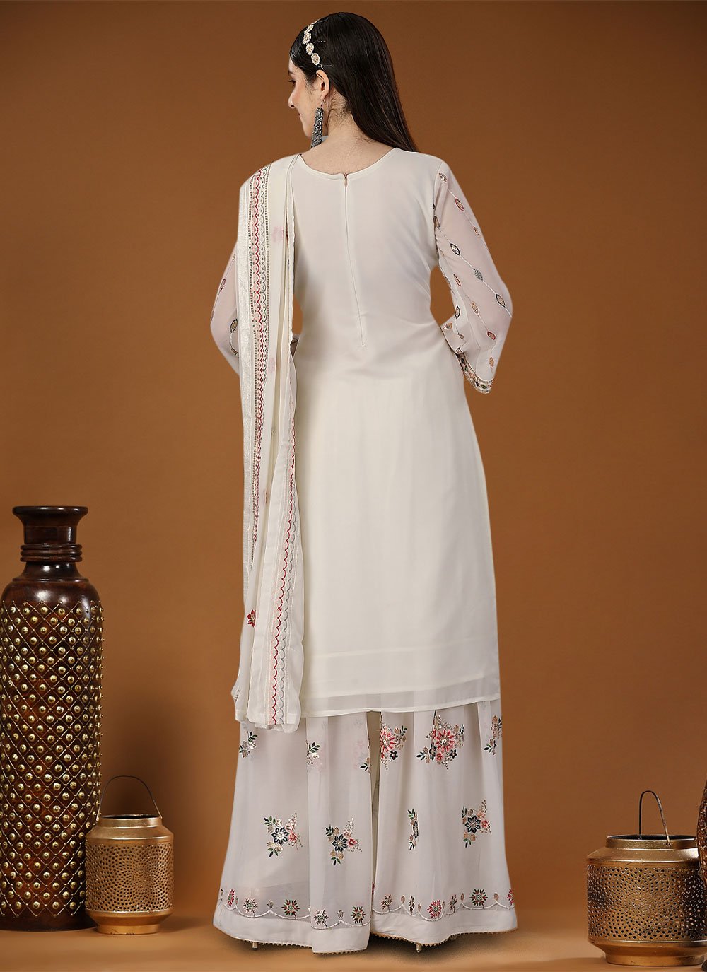 Straight Salwar Suit Georgette Off White Embroidered Salwar Kameez