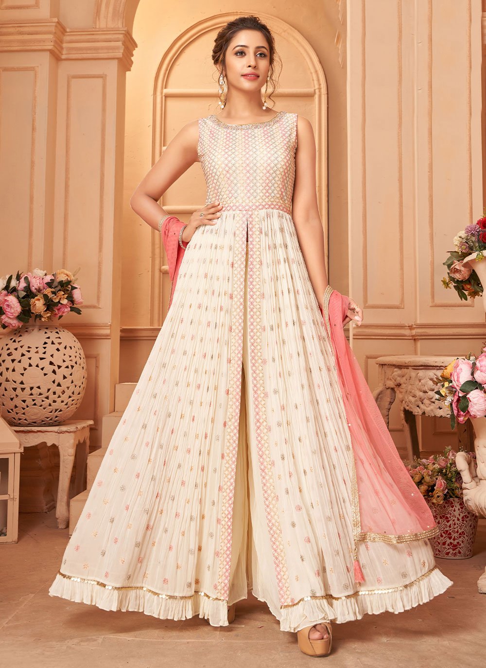 Palazzo Salwar Suit Georgette Off White Embroidered Salwar Kameez