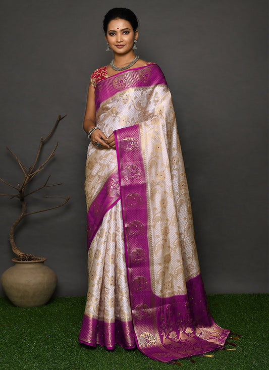 Contemporary Kanjivaram Silk Off White Hand Work Saree