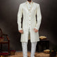 Indo Western Sherwani Jacquard Off White Embroidered Mens