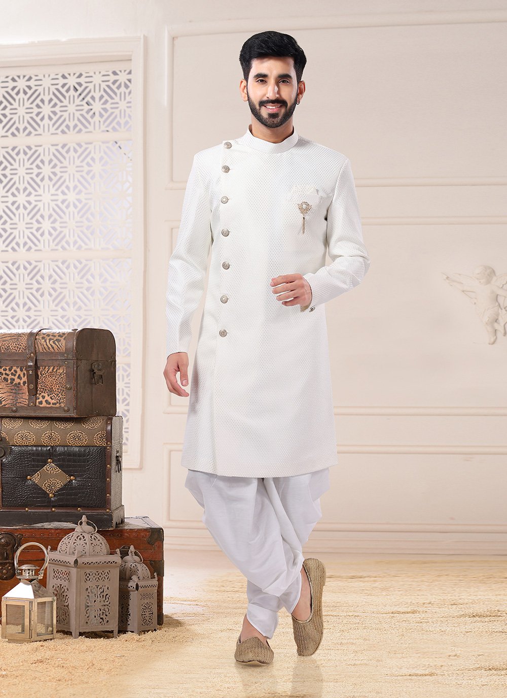 Indo Western Sherwani Jacquard Off White Woven Mens