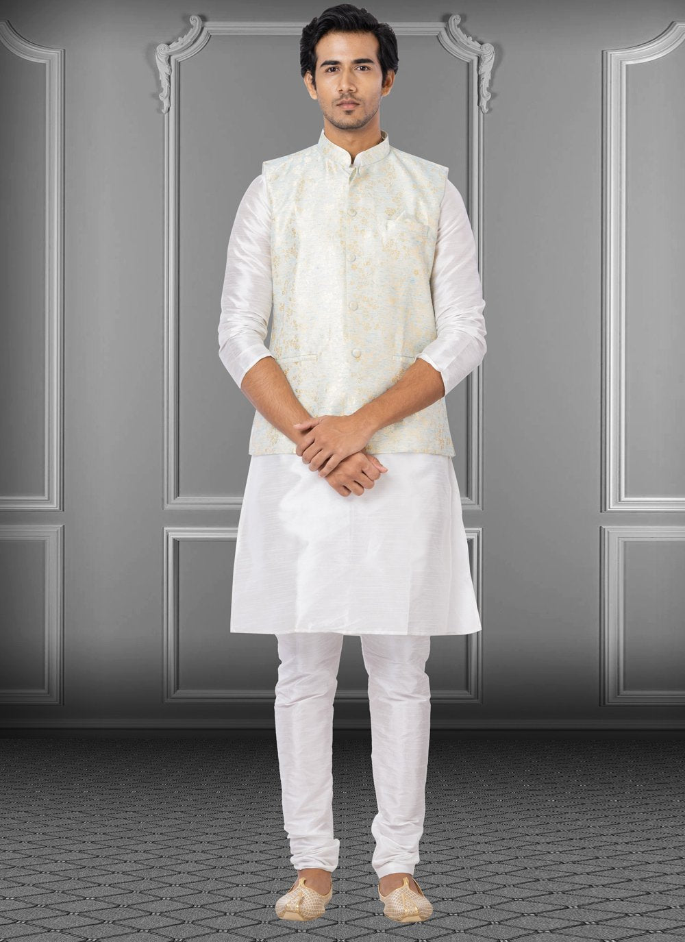 Kurta Payjama With Jacket Dupion Silk Linen Off White Fancy Work Mens