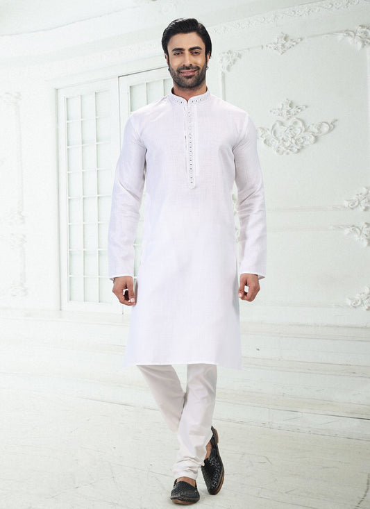 Kurta Pyjama Cotton Linen Off White Thread Mens