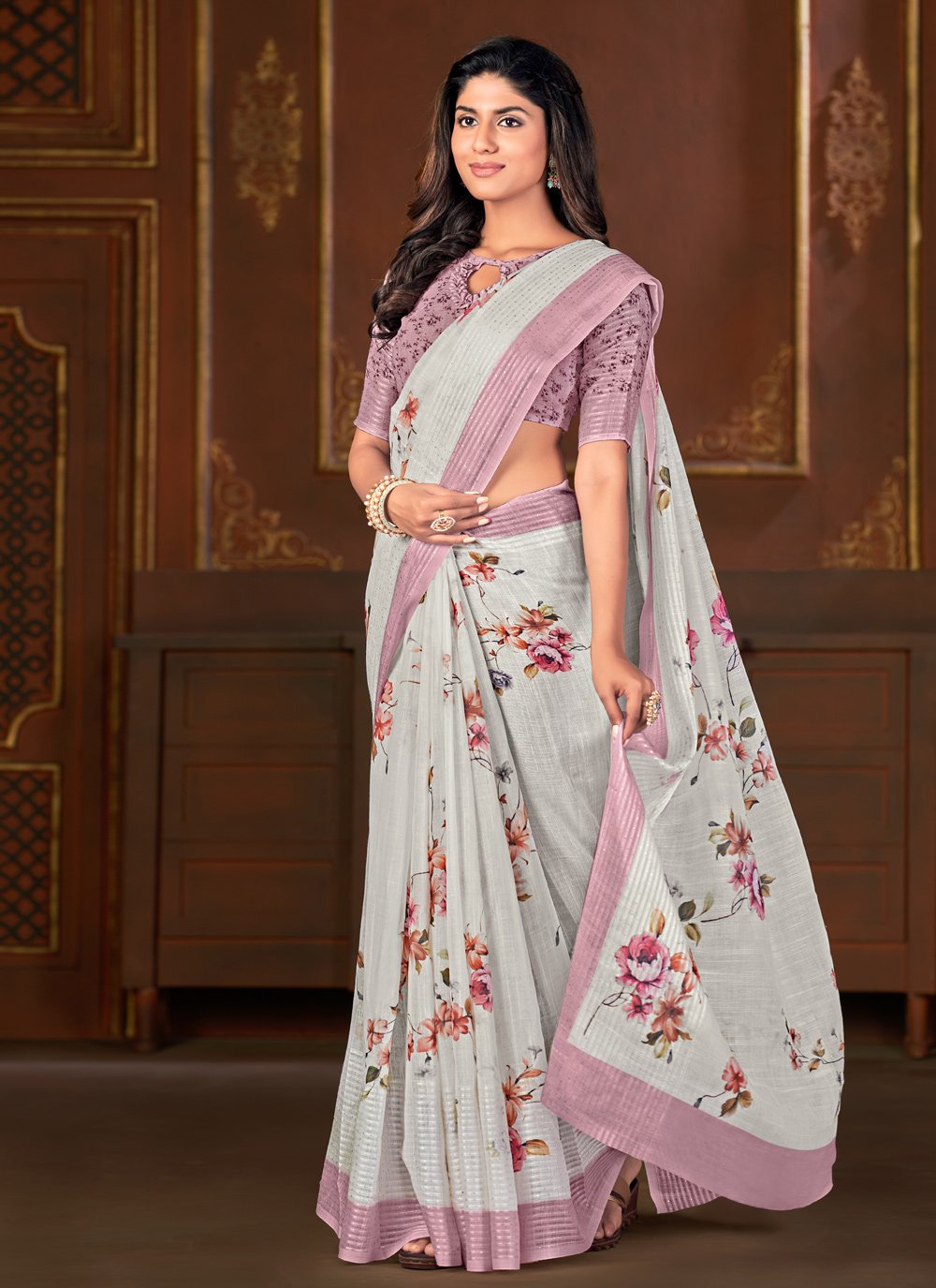 Designer Linen Off White Floral Patch Saree