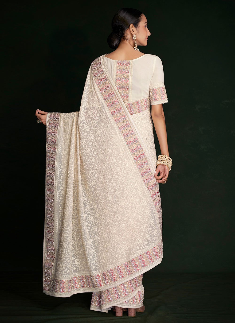 Classic Georgette Off White Lucknowi Work Saree