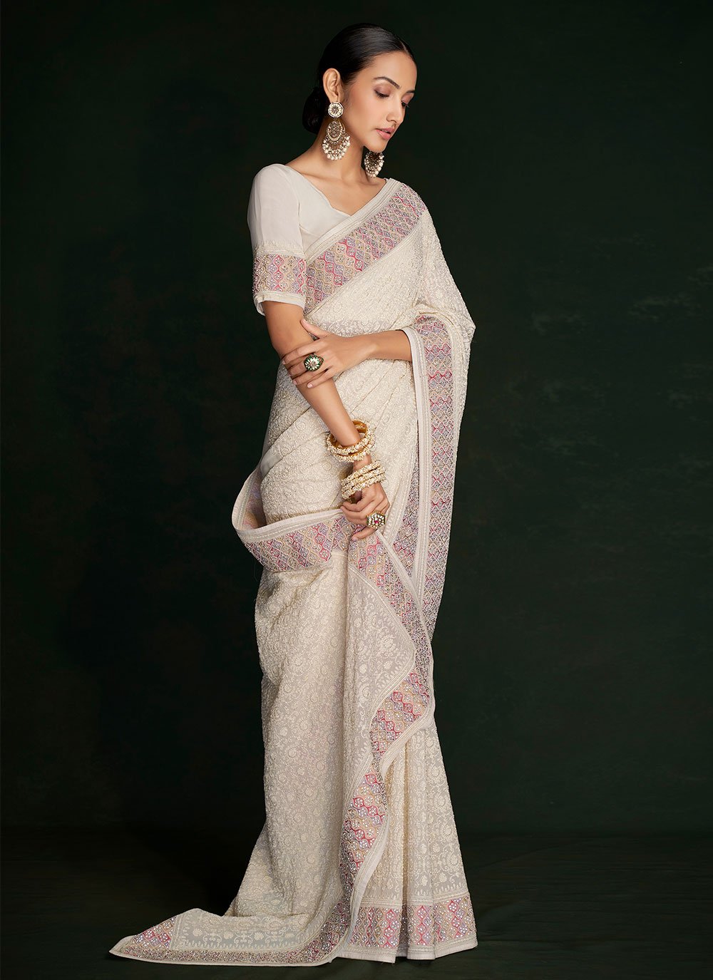 Classic Georgette Off White Lucknowi Work Saree