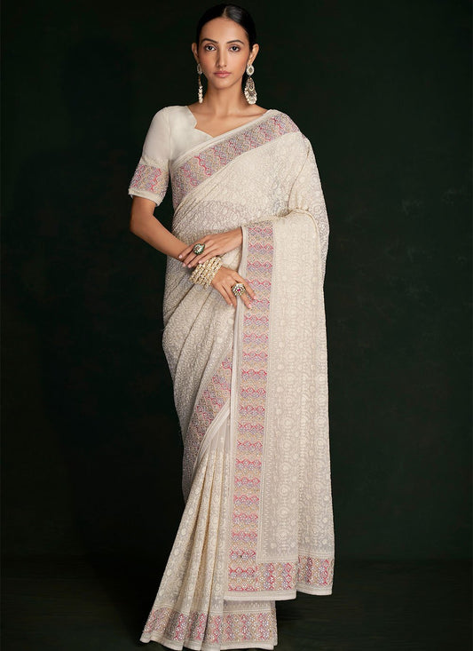 Classic Georgette Off White Lucknowi Work Saree