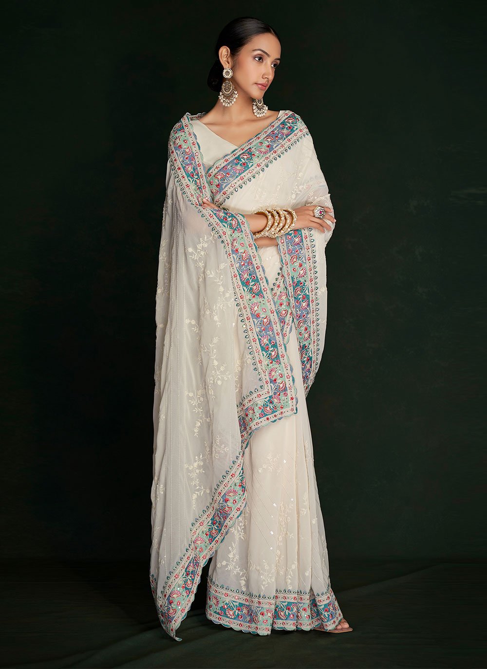 Trendy Saree Georgette Off White Lucknowi Work Saree