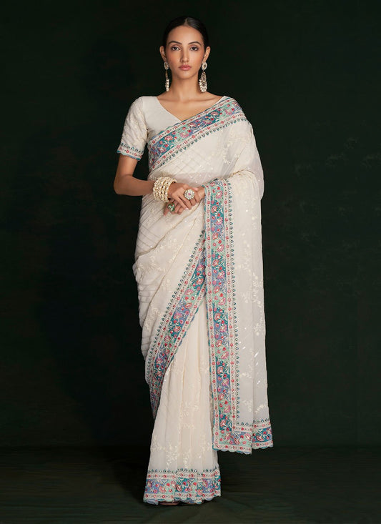 Trendy Saree Georgette Off White Lucknowi Work Saree