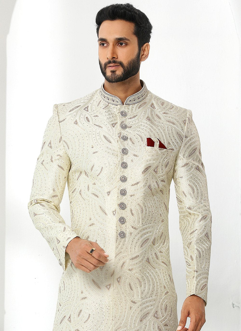 Sherwani Art Silk Off White Machine Embroidery Mens