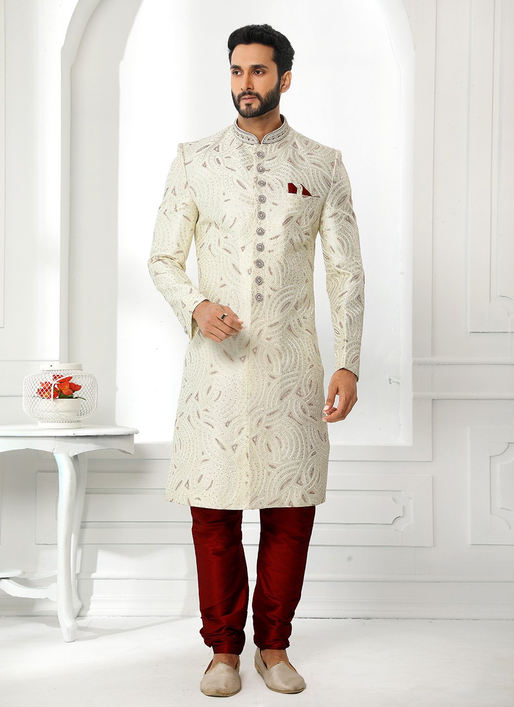 Sherwani Art Silk Off White Machine Embroidery Mens