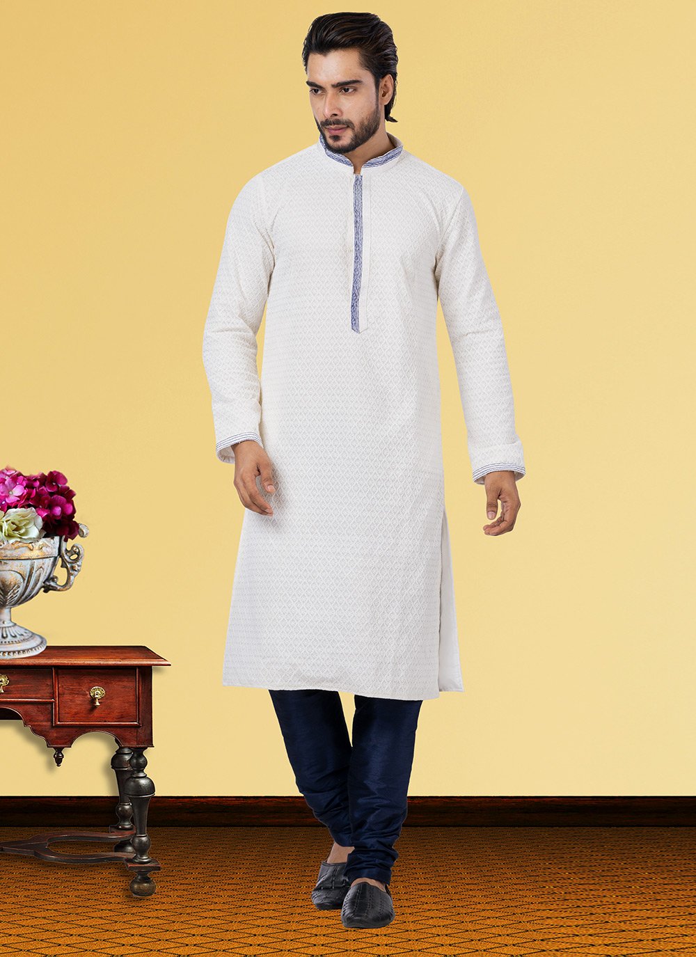 Kurta Pyjama Georgette Off White Embroidered Mens