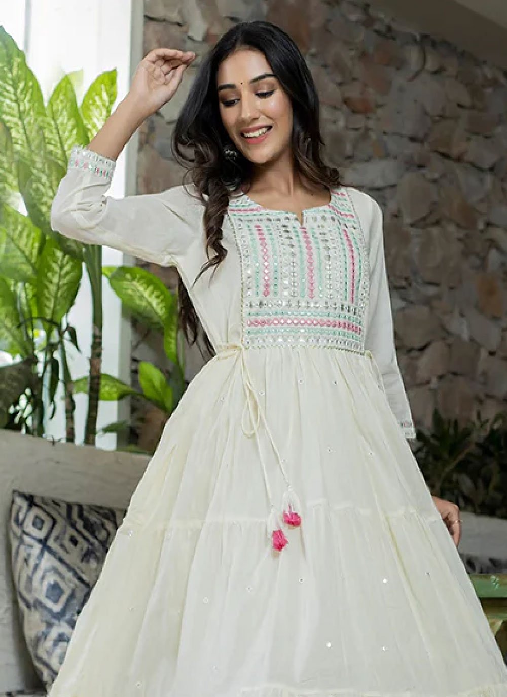 Designer Gown Cotton Off White Embroidered Gown