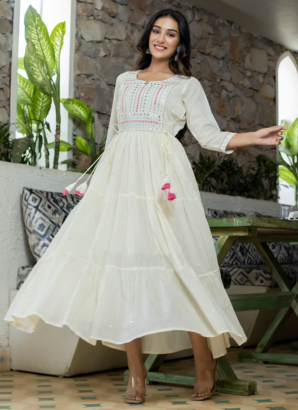 Designer Gown Cotton Off White Embroidered Gown