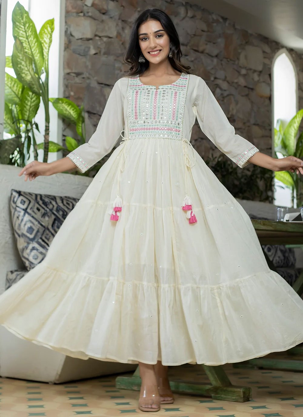 Designer Gown Cotton Off White Embroidered Gown