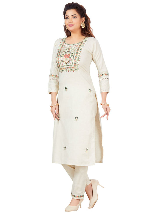 Party Wear Kurti Cotton Khadi Off White Embroidered Kurtis