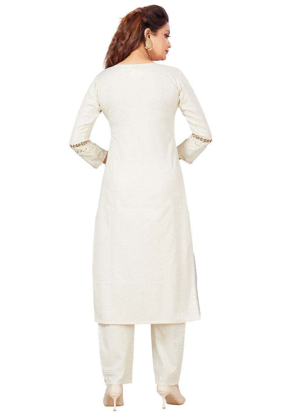 Party Wear Kurti Cotton Khadi Off White Embroidered Kurtis