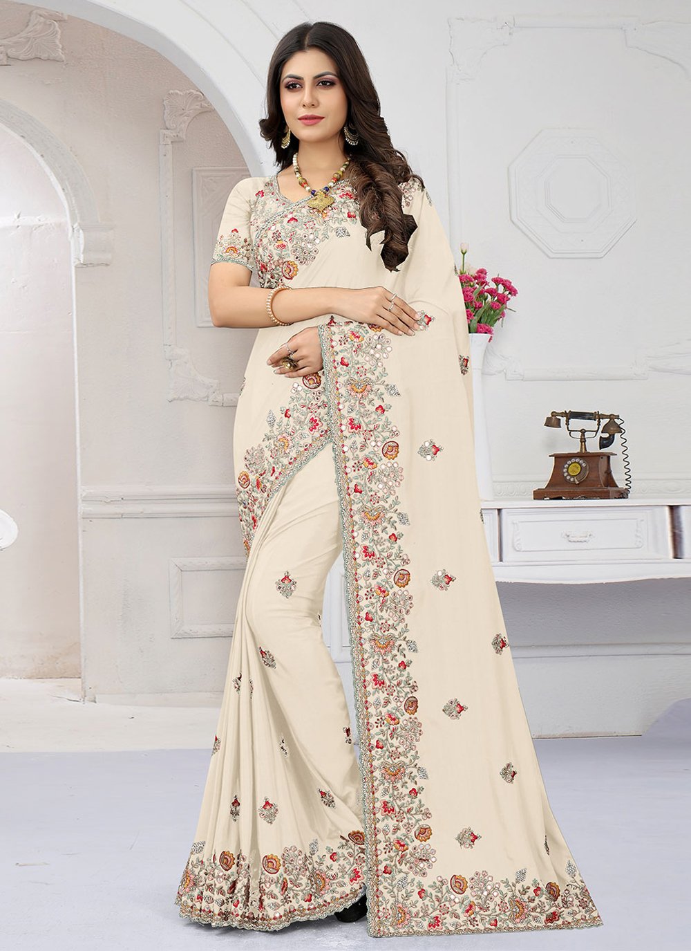 Contemporary Crepe Silk Off White Embroidered Saree