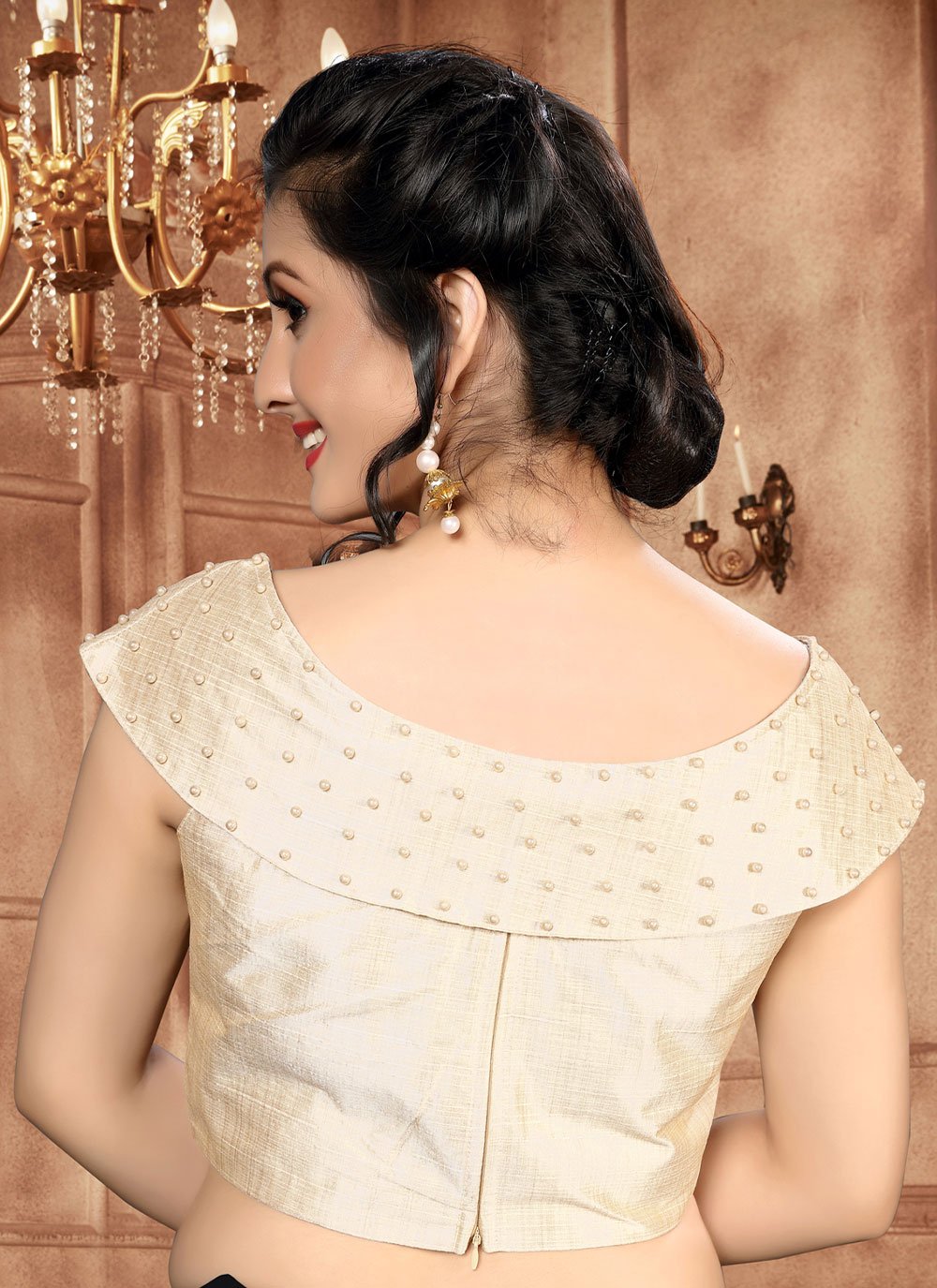 Designer Blouse Silk Off White Moti Work Blouse