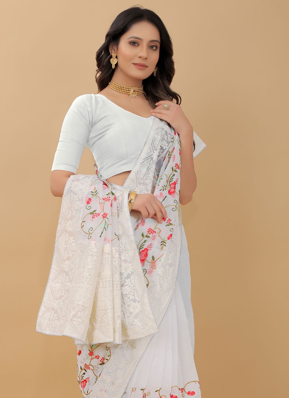 Contemporary Nylon Organza Off White Embroidered Saree