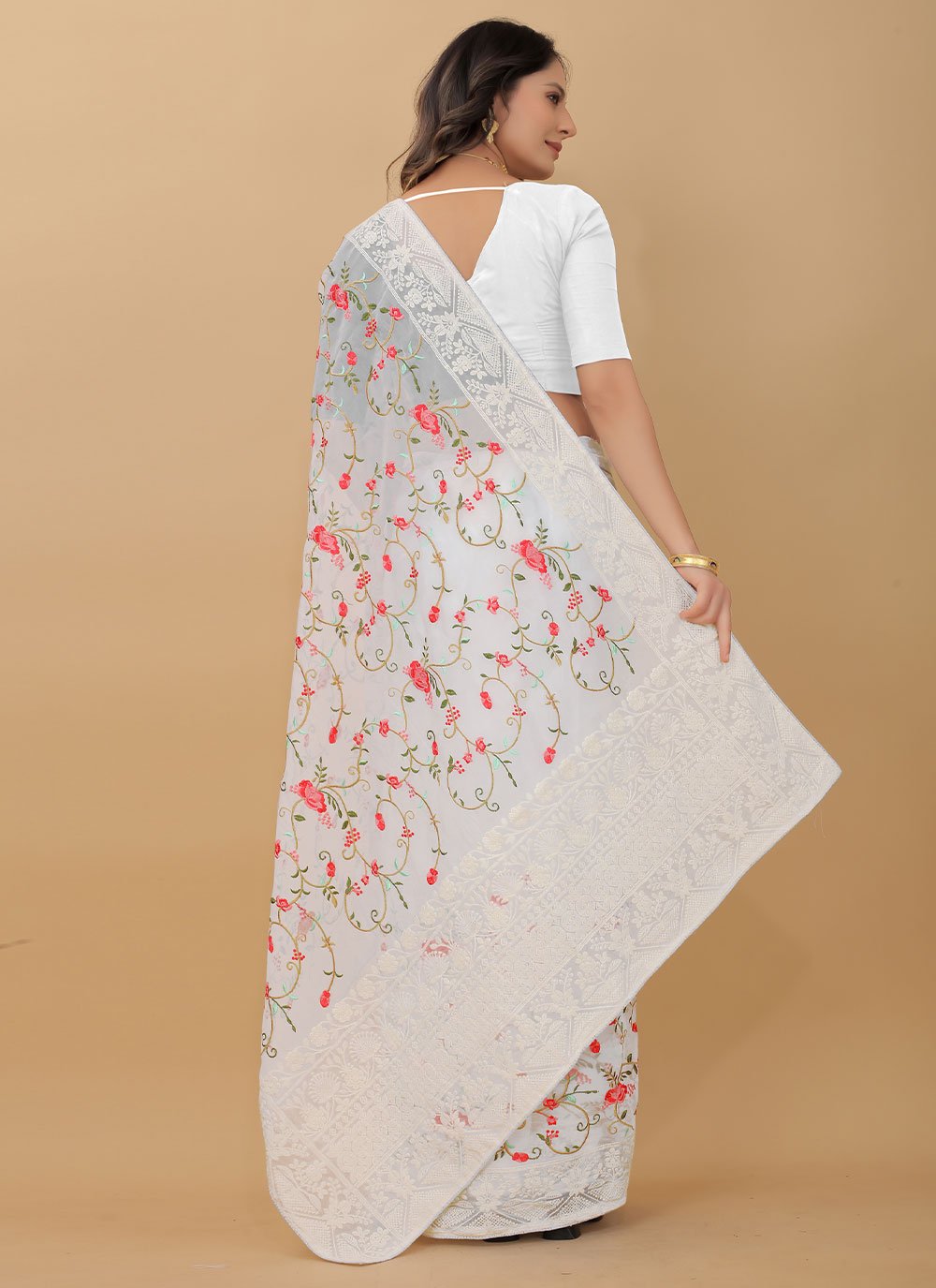 Contemporary Nylon Organza Off White Embroidered Saree