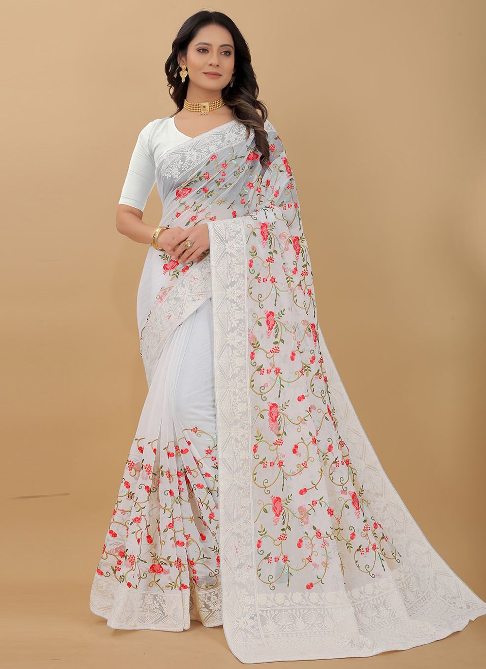 Contemporary Nylon Organza Off White Embroidered Saree