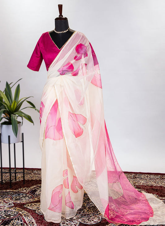 Classic Organza Off White Floral Patch Saree